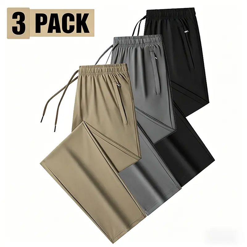 3-Pack Men’s Quick-Dry Straight-Leg Casual Pants Elastic Waist Drawstring Sports Commuter Pants