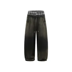 Double waist washed loose sports pants, loose wide leg checkered patch casual pants with pockets, women's underwear