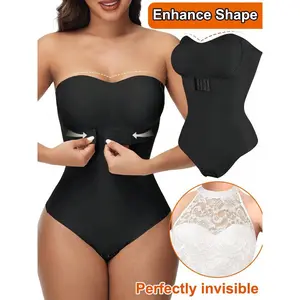 Strapless Shapewear Bodysuit For Women With Built-In Bra Silicone Anti-Slip Tummy Control Thong Corset Underbust Push Up Underwear Invisible For Wedding Dresses