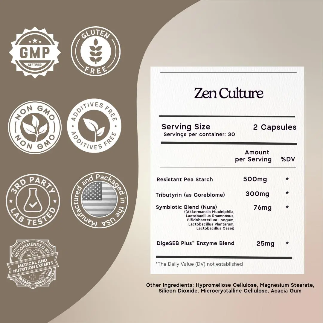 Zen Principle Zenculture 4-in-1 Probiotic Prebiotic Postbiotic Formula with Digestive Enzymes and Butyrate Supports Gut Microbiome Balance and Overall Wellness Healthcare Fitness Supplement Healthy Gut Edible