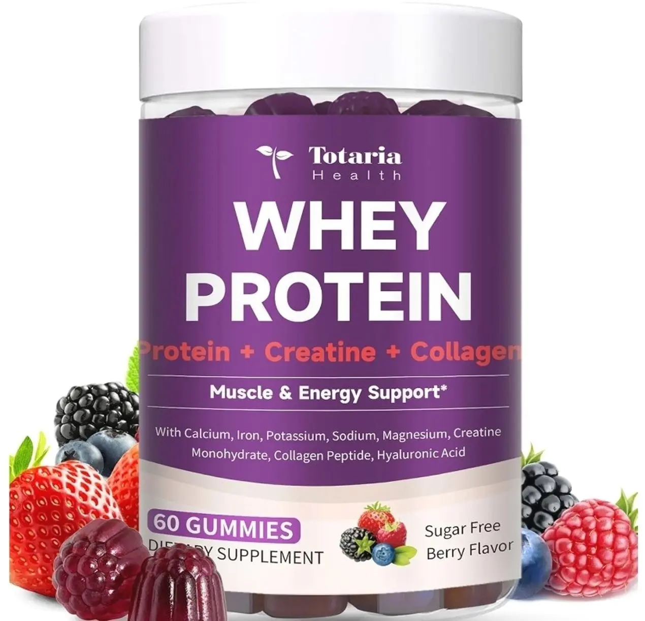 3 in 1 Whey Protein Gummies | Creatine Monohydrate | Collagen, 0 Sugar, Pure Protein Source, Muscle & Energy Support, Berry Flavor, for Women and Men