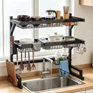 [Wall-Mounted Storage] Adjustable Metal Kitchen Storage Rack with Drip Tray and Utensil Holder - Expandable Sink Storage Rack, Suitable for Utensils, Cups, and Cooking Tools, Space-Saving Countertop Design, Black, Countertop Storage|Functional Kitchen Sto