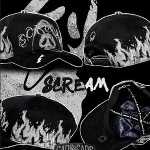1:1Scream Snapback Hat - Black Flame Design, Adjustable Fit, High-Quality Cotton, Urban Style Cap for Men and Women G5