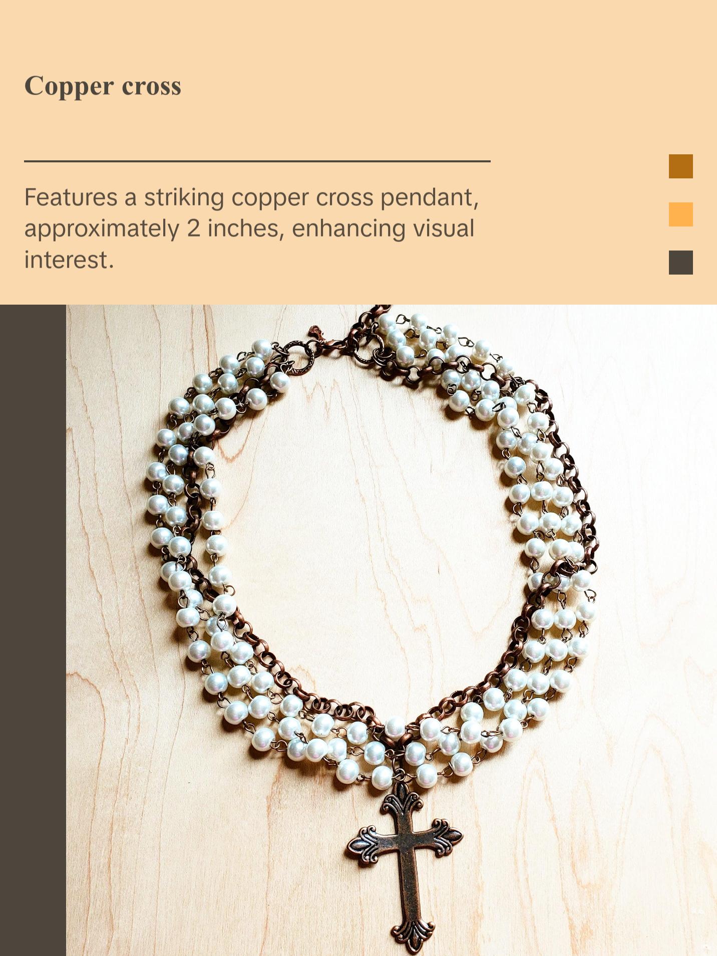 Pearl and Copper Beaded Collar Necklace with Copper Cross 114G