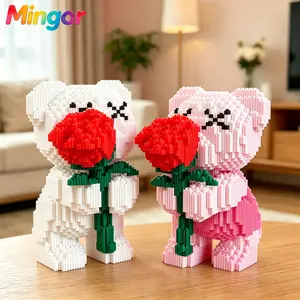 9.8" Romantic Rose Bear Micro Building Blocks| Aesthetic White & Pink DIY Art Toy