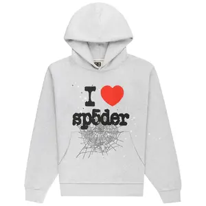 Sp5der Brand I Heart Sp5der Hoodie Heather Grey - Long Sleeve Unisex Authentic Spider Web Love Pullover Sweatshirt New Original Ready to Ship