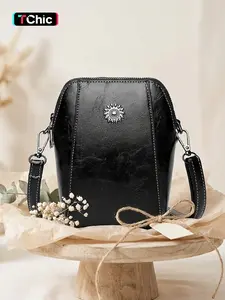 Sunflower Decor Vintage Wax Leather Crossbody Bag, Mini Vertical Phone Shoulder Bag, Multiple Colors Available, Casual PU Material