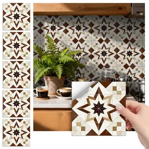24PCS/Box FHZ Spanish Retro Star Geometric Tile Stickers | PET Matte Peel & Stick | Waterproof Oil-Proof Removable | DIY Kitchen Backsplash Bathroom Home Office Renovation