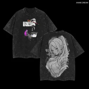 Frieren × Fern Frieren: Beyond Journey's End Anime Double Printed Vintage Washed Tee Unisex Oversize Anime Manga Washed Heavyweight Cotton T-shirt boyfriend  tees wicked  merchandise