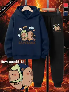 Boys' Spring & Fall Ootd Set, Cute Capybara Cartoon Print Hoodie and Long Pants Two-Piece Set, Casual Sports for Ages 5-14