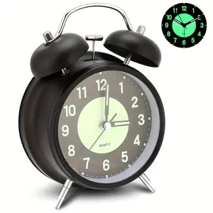 Retro Twin Bell Alarm Clock, Silent Non-Ticking Bedside Alarm Clock with Luminous, Desk Clock With Nightlight, Loud Alarm Clock for Heavy Sleepers Bedroom Office, (4", Black, Battery Operated)