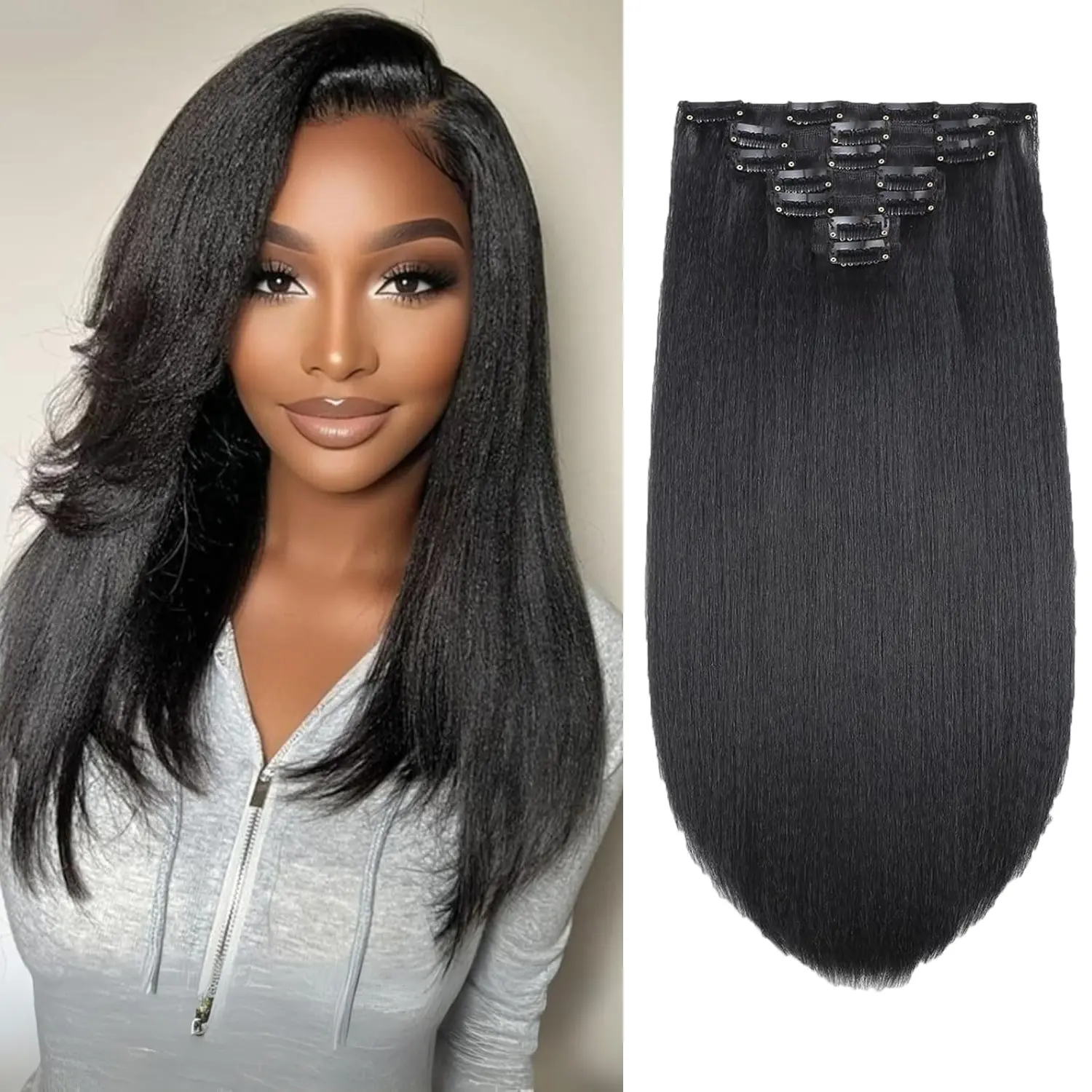 Twicebeauty Seamless Yaki Straight Clip In Hair Extensions Sythetic Hair #1B Natural Color Yaki Straight Clip Ins for Black Women Low Shine Natural Texture Not Flat 7pcs