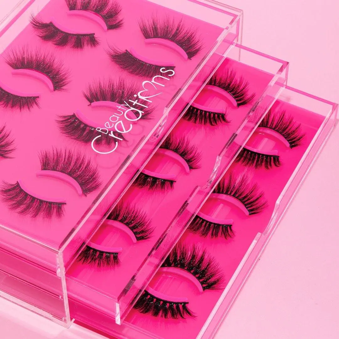 Beauty Creations Eyelash Storage Organizer, 3-Drawer Cosmetic Case for Eyelashes Extensions, Holds 18 Pairs, Hot Pink, Eyelash Compartments, Drawers