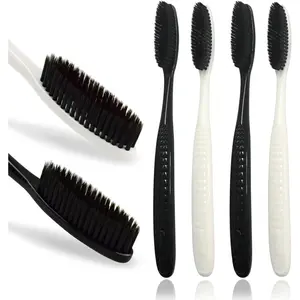 Large Long Head Toothbrush, 4-Pack, Upgraded Hard & Firm Charcoal Bristles, Whitening Teeth, Removing Plaque, Brace, Cigarette, Coffee and Other Stains, Suitable for Daily Oral Care.
