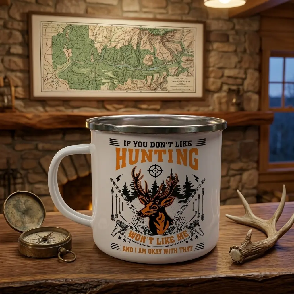 If You Don't Like Hunting Won't Like Me Campfire Cup, Fishing Cup, Outdoor Mug for Camping Hiking Lake Life, Lightweight Durable Metal Mug, Rustic Camp Cup with Stainless Steel Rim, Portable Travel Mug, Gift for Fisherman Outdoor Lover