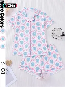 Women's Sleepwear Set, Cartoon Pattern Fitted Short Sleeve Top & Elastic Shorts, Valentine's Day Gift, Casual Home Wear, Pajama Loungewear