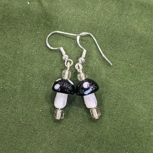 Handmade Dangle Mushroom Earrings with Clear & Hematite Beads
