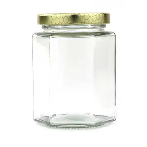 Hexagon Glass Jar 380 ml Custom Printed Honey Canister with Gold Lid for Beekeepers Market Sale Bottles Case Organizer Tin