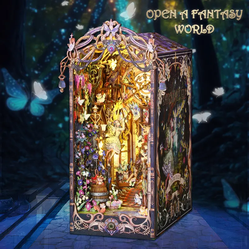 Fairy Tale Book Nook Kit with Light - DIY Wooden 3D Puzzle Miniature Model for Adults, Magic Elf Scene, Bookshelf Insert, Perfect Gift for Book Lovers & Collectors, Fantasy Home Decor Ornament