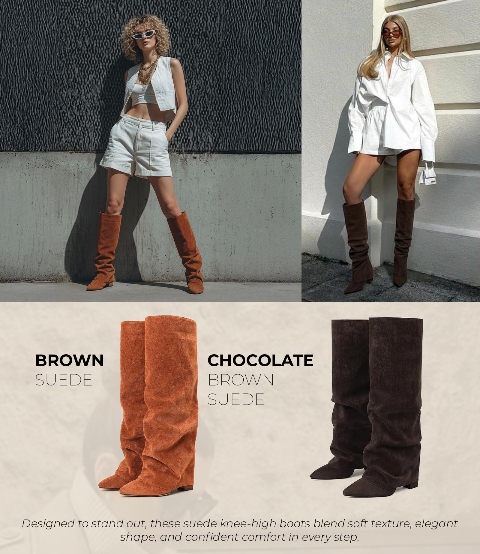 CYNLLIO Knee High Boots for Women Elegant Pointed Toe Chunky Block Heel Fold Over Slouchy Boot Pull On Trendy Fashionable Tall Shark Boot Spring Shoes for Women