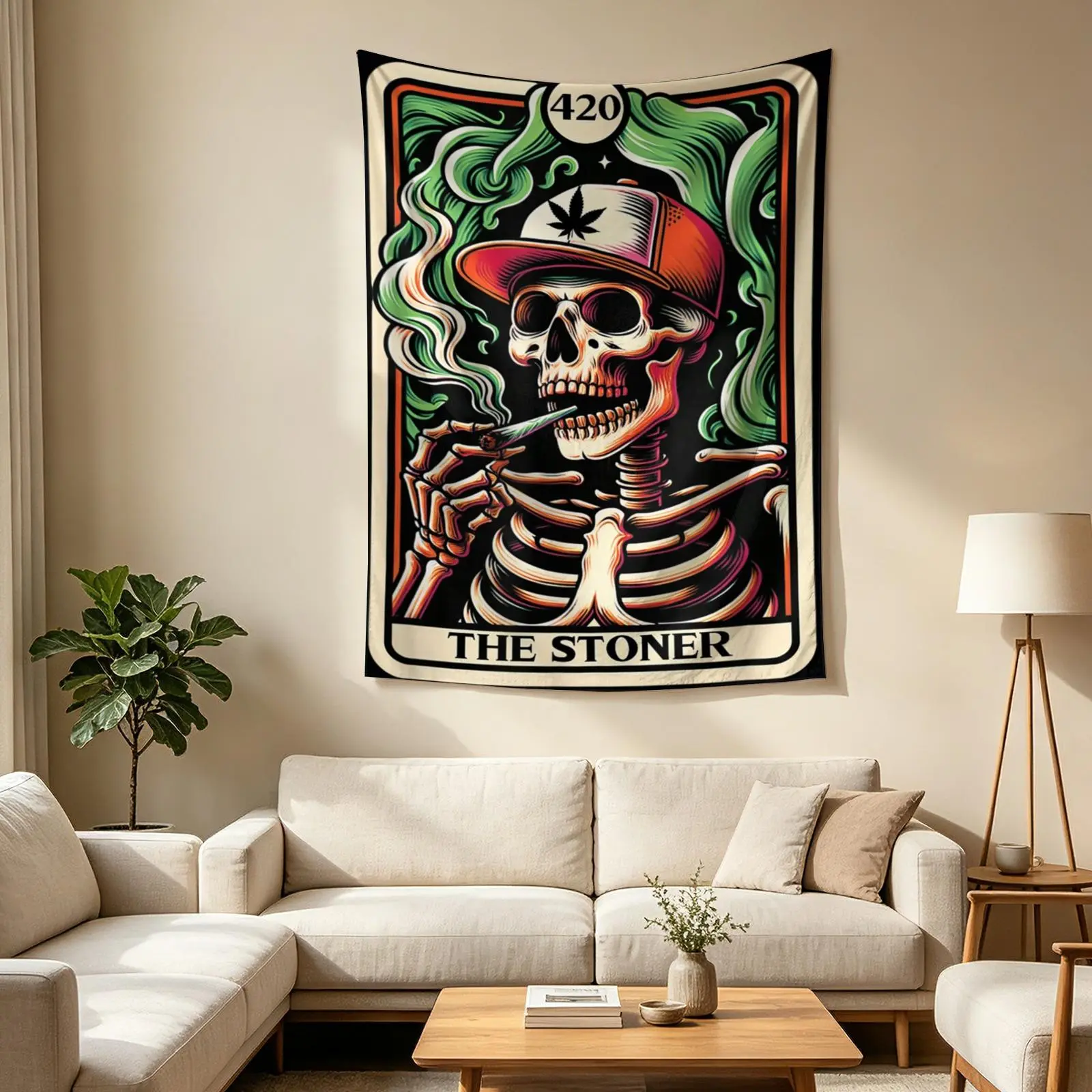 Tarot Card The Stoner Weed Lover Skeleton Cannabis 420 Tapestry Wall Blanket Dorm Room Decor Tapestry Aesthetic Tapestry