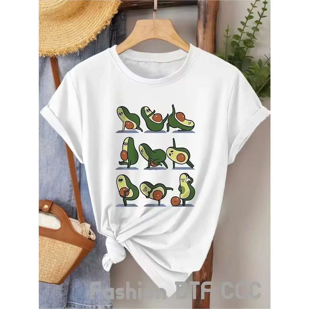 Cartoon Avocado Print Pattern Women'S Plus Size Round Neck Summer Clothing, Casual Street Style T-Shirt, Breathable, Sweat-Absorbent, And Soft, Suitable for Daily Commuting, Home Leisure, And Everyday Wear, Cafes, Offices