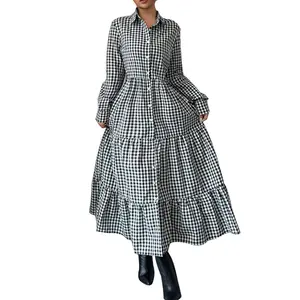 Women's Gingham Shirt Dress Long Sleeve Collared Tiered Maxi Button Down Casual Daily Wear unique sleeve dress teacher bae outfit black and white christmas outfits women tie girl sydney sweeney airport Sleeveless Adjustable vestidos con trailer junon