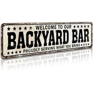 Funny Backyard Bar Aluminum Plaque, 4x16 in Easy-Hang 2D Flat Decor, Outdoor Pool Poop Deck Welcome Beer Wall Art Gift for Halloween & Christmas Parties (Home Supplies)