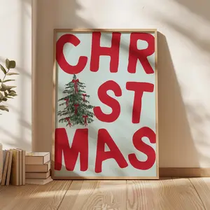 (No Frame) Whimsical Christmas Printable Poster, Coquette Christmas Tree Wall Art Print, Red Bows Printable, Trendy Holiday Poster, XMas Print