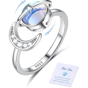 Adjustable Anxiety Ring for Women - 925 Sterling Silver, 18K White Plated Open Moonstone Fidget Ring for Anti-Stress - Star Moon Finger Spinner for Anxiety