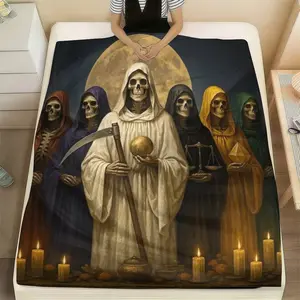 Seven Deadly Reapers Flannel Blanket , Gothic Skeleton Reaper & Moon Throw Blanket ,Occult Grim Reaper Skeletons Throw , Halloween Grim Reaper Skeletons Throw Blanket
