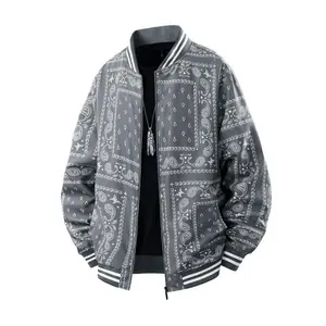 Fashion Men's Bandana-Print Bomber Jacket Grey Paisley Pattern Zip-Up Sports Coat Oversized Street Style Comfy Relaxed Fit for Casual Hip-Hop Wear Menswear Basic Love Tee Long Sleeve Bold Vibe Tops