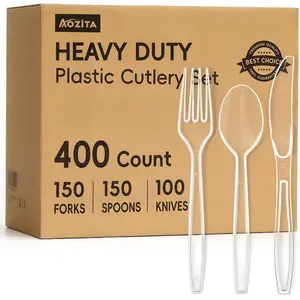 400 Count Heavy Duty BPA-Free Clear Plastic Silverware, Premium Disposable Cutlery Set for Party Everyday Use, Includes 150 Forks 150 Spoons 100 Knives
