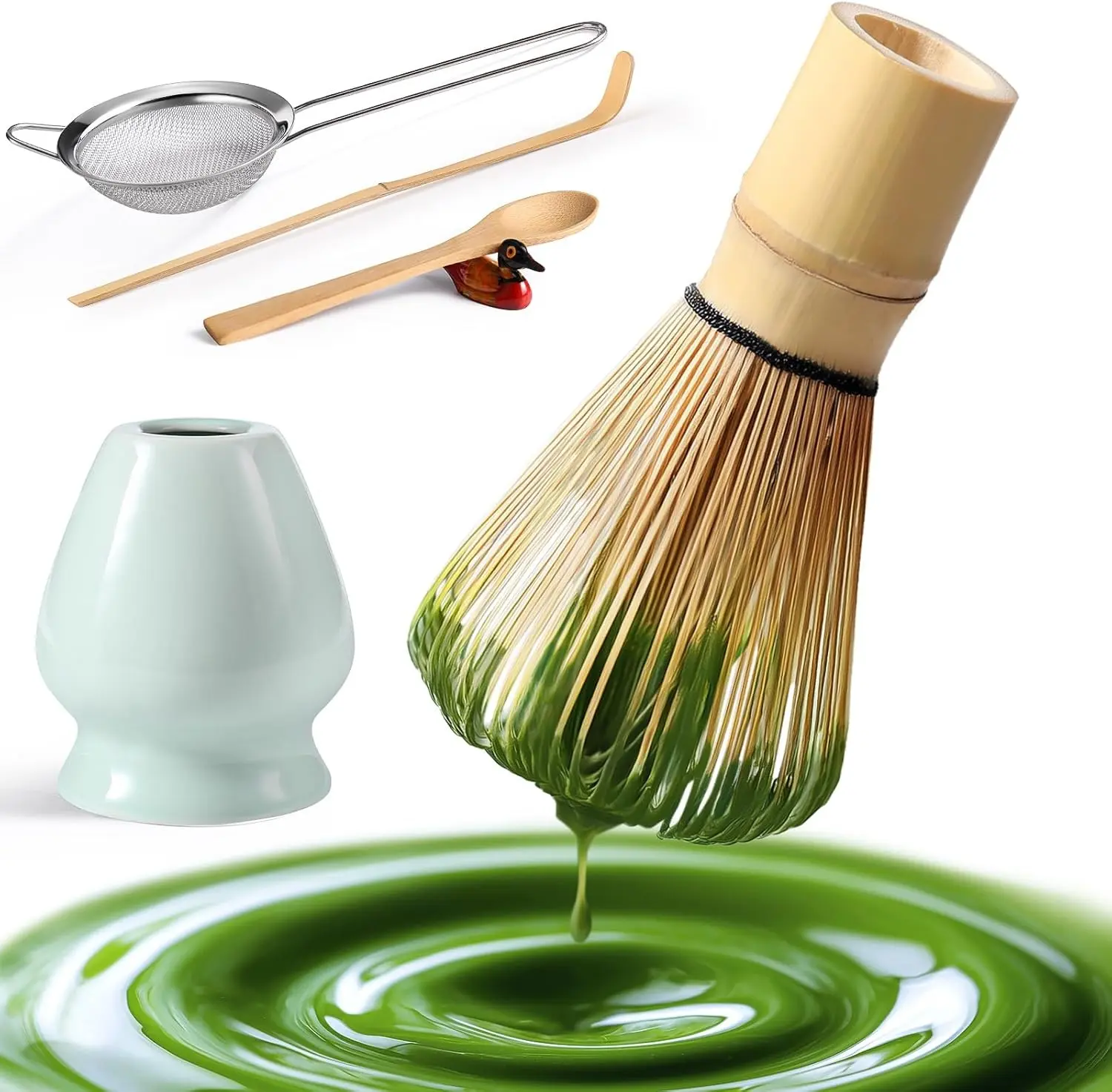 Matcha Whisk Set: Matcha Set with Bamboo Matcha Whisk and Ceramic Holder,Bamboo Scoop+Wooden Spoon,Scoop Holder,Sifter - Cute Matcha Tea Set - 6 Pcs Matcha Kit - Tools for Matchas Ceremonial Grade Kit