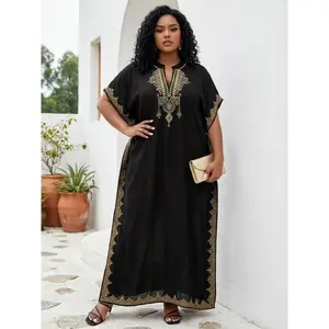 Plus Size Ethnic Pattern Embroidered Split Kaftan Dress, Boho Notched Neck Batwing Sleeve Long Dress, Summer Clothing, Women's Summer Clothes, Modest Clothing Caftan Robe, Muslim Women Gowns, Modesty Muslim Clothing