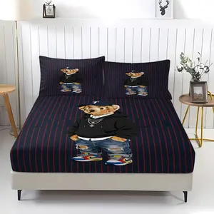 Teddy Bear Pattern Bed Sheet, Bed Sheet Set, Comfortable Printed Pattern, Includes 1 Bed Sheet and 2 Pillowcases, Non slip Dust Cover Suitable for Bedroom and Guest Room, Gift for Children or Adults