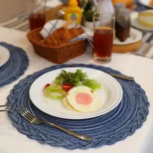 6Pcs Round Woven Placemats, 11.81 Inches Circular Table Mats with Blue Trim, Fashion Decor for Home, Kitchen & Dining Table