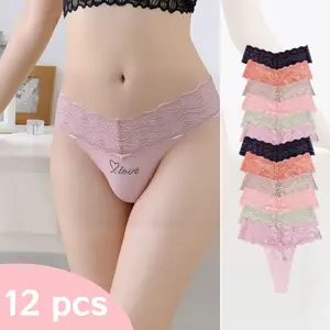 QQ Women's 12 Pack Lace Thong Set - Assorted Romantic Colors with Sparkly "Love" Rhinestone Accents, Intricate Floral Lace Trim, Silky Soft Stretch Fabric for Sexy & Comfortable Daily Wear & Special Occasions Panties Womenswear