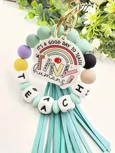Teacher Exclusive Silicone Bead Wristband Keychain, Colorful Teach Letter Bracelet, Alloy Clip Acrylic Tag, Teacher Festival Gift