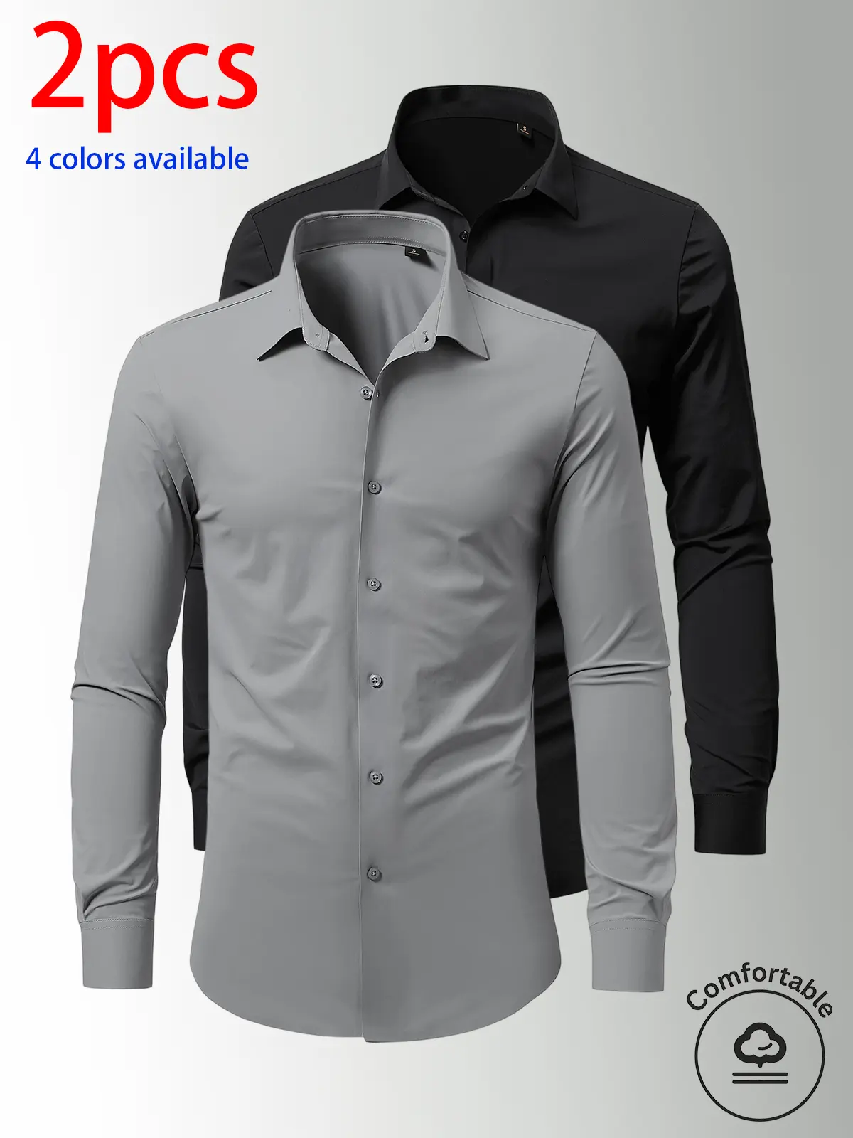 2-pack men’s long-sleeve shirts, men’s shirts, men’s long sleeves. Lightweight, breathable shirt with a drapey feel, no ironing needed and wrinkle-resistant, solid color basic shirt made from nylon–elastane fabric—versatile for everyday wear, commuting, b
