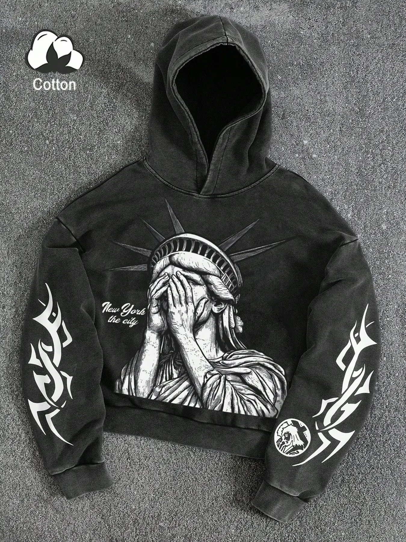 Men's High-Quality Washed Fitted Long Sleeve Hoodie, Vintage Liberty Statue Graphic Hooded Sweatshirt, Trendy Casual Fashion Design, Cotton Blend Fabric, Street Style, Pullover Streetwear, Graphic Sweatshirts