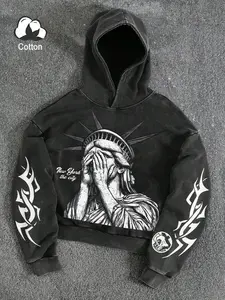 Men's High-Quality Washed Fitted Long Sleeve Hoodie, Vintage Liberty Statue Graphic Hooded Sweatshirt, Trendy Casual Fashion Design, Cotton Blend Fabric, Street Style, Pullover Streetwear, Graphic Sweatshirts