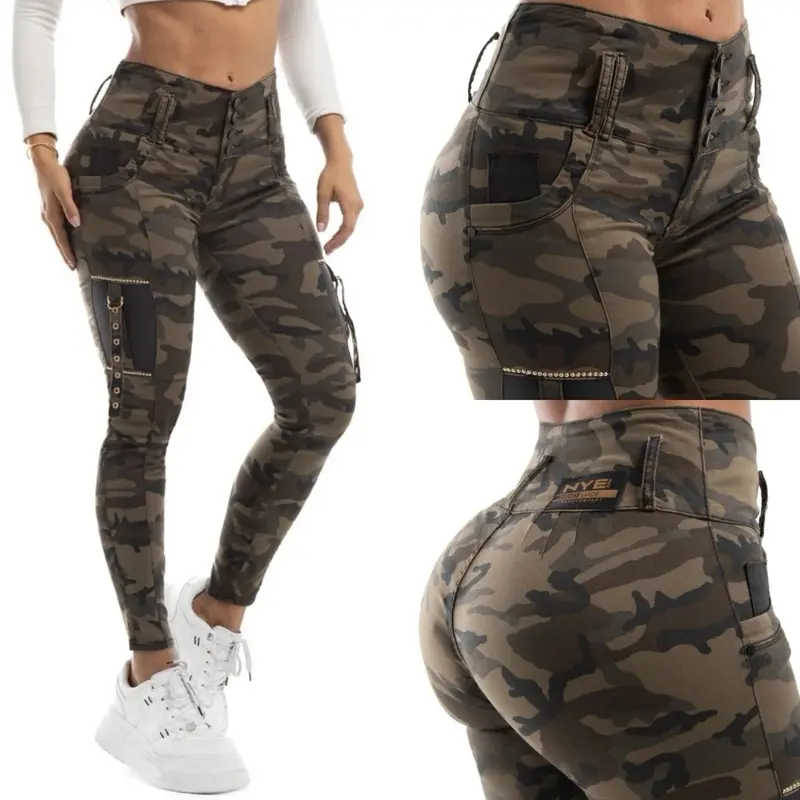 W64-879 Buttlifting Colombian Jeans Camo Stretch with Cargo Details