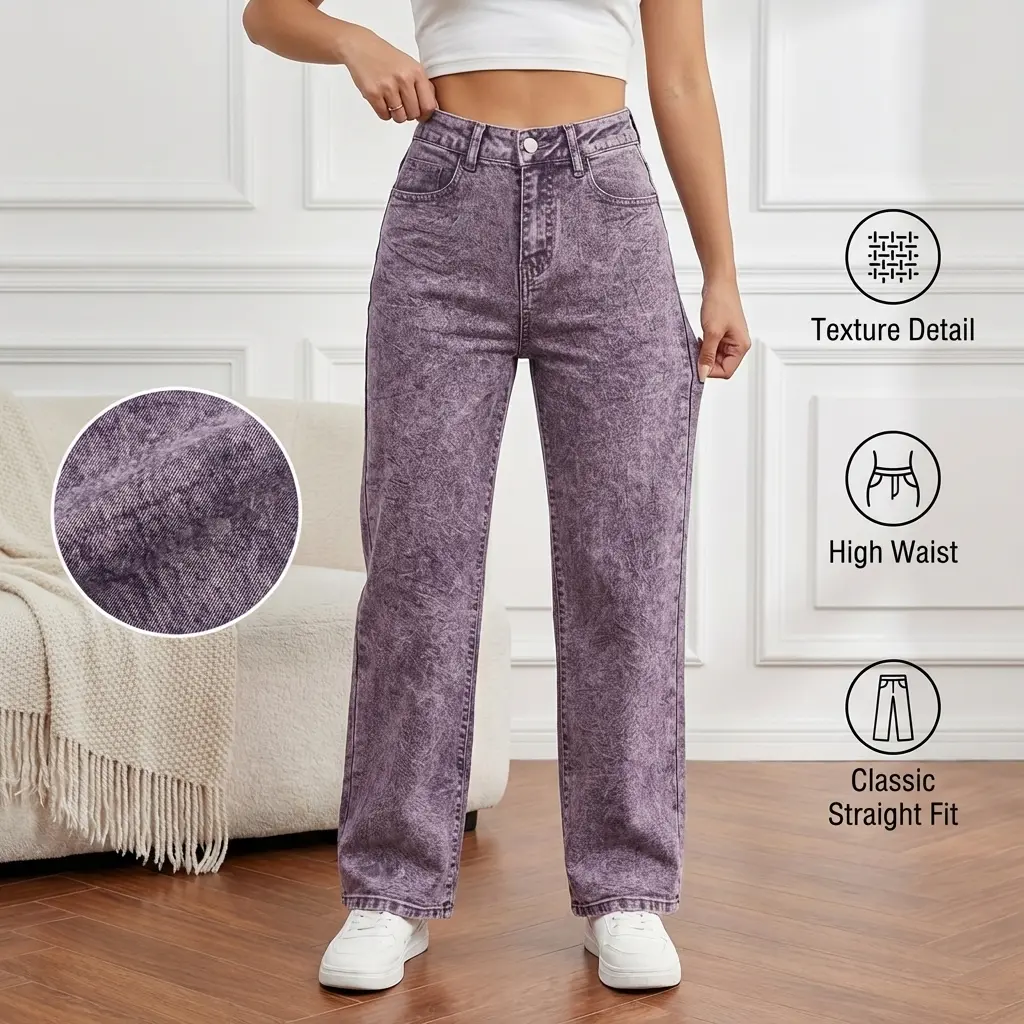 Women's High Waisted Pants, Elegant Bohemian Washed Denim, Normal Type Relaxed Fit Straight Leg Cropped Bottom for All Seasons, Fabric