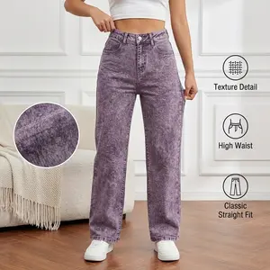 Women's plus size snow-washed purple jeans - high-stretch straight-leg denim pants, relaxed fit with button closure, straight-cut all-season trousers, hand or machine washable, suitable for casual and formal occasions