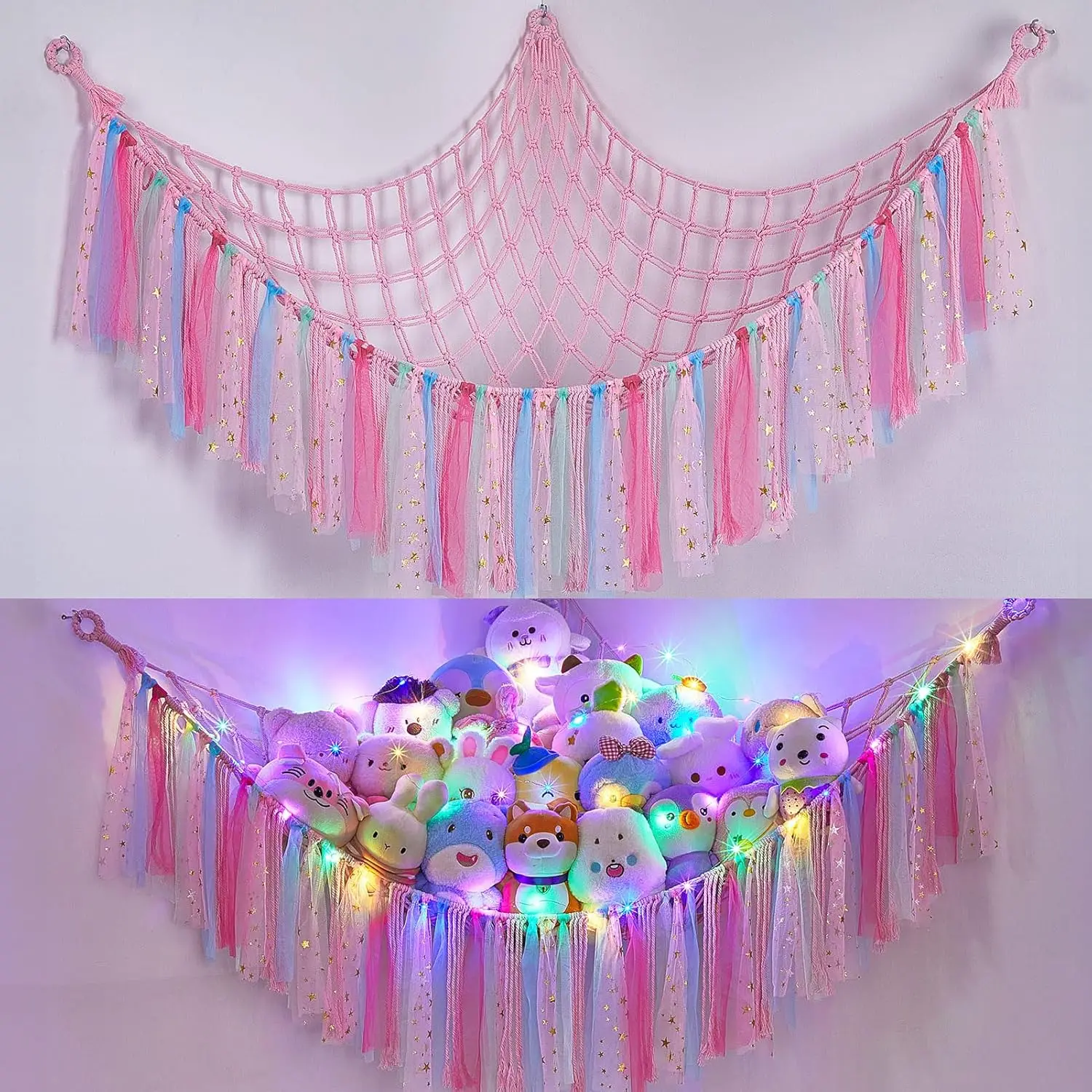 1-Pack LED-Lit Stuffed Animal Hammock - Foldable Colorful Lace Wall-Mount Organizer, Nursery & Kids' Playroom Storage Alternative to Storage Baskets