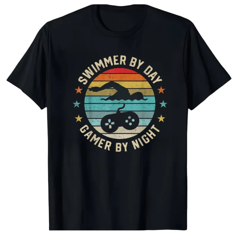 Men'S Swimmer By Day Gamer By Night Graphic T-Shirt - 100%   Retro Swimming & Gaming Design Tee with Swim Team Apparel, Video Game Inspired Casual Round Neck Short Sleeve Shirt for Swimmers, Gamers,