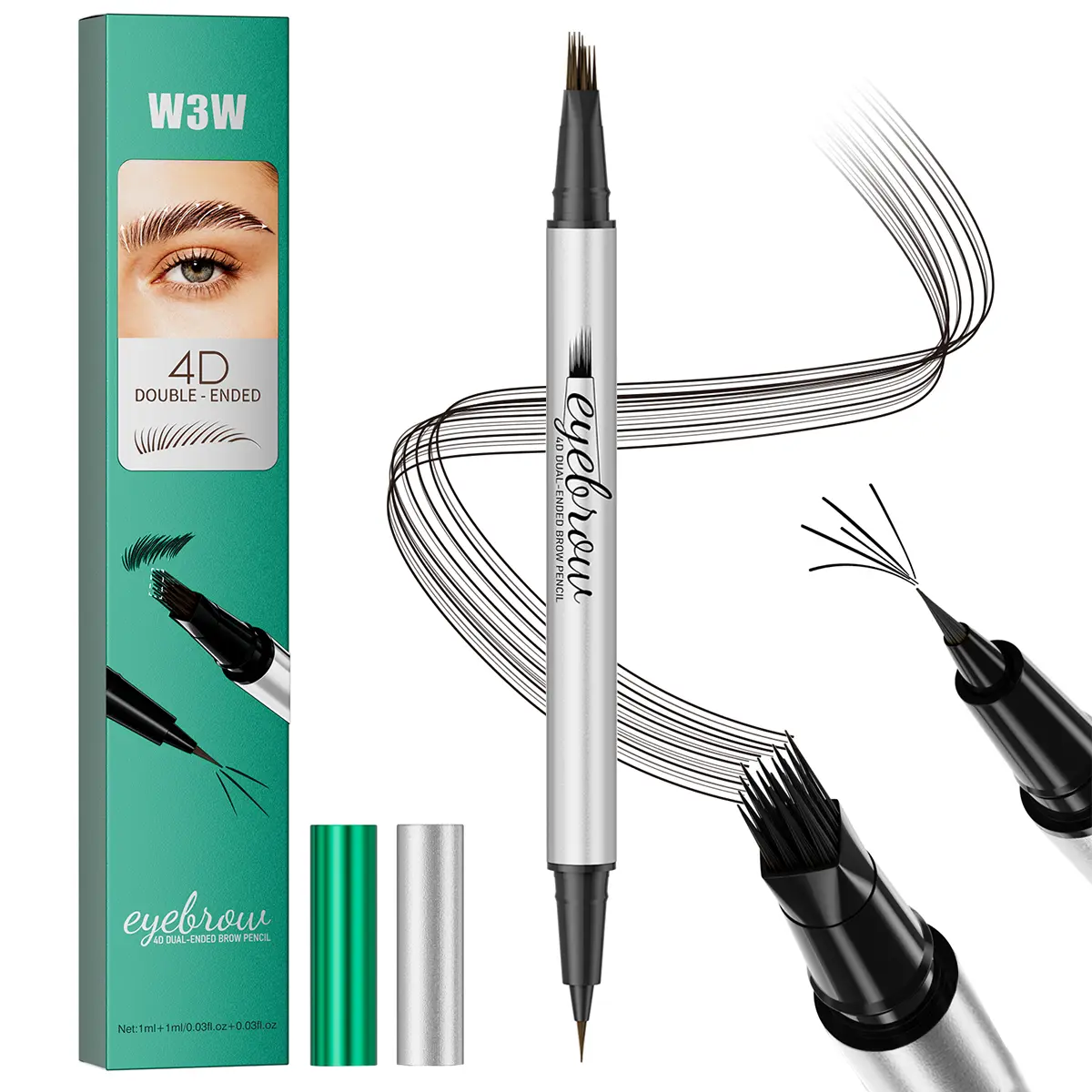 2-in-1 Dual Head 4D Eyebrow Pen with Micro Fork Tip & Fine Brush Tip, Waterproof Long Wear Brow Pencil for Hair Like Natural Strokes, Easy Brow Filling, Shaping & Blending for Beginners Soft Glam Look.