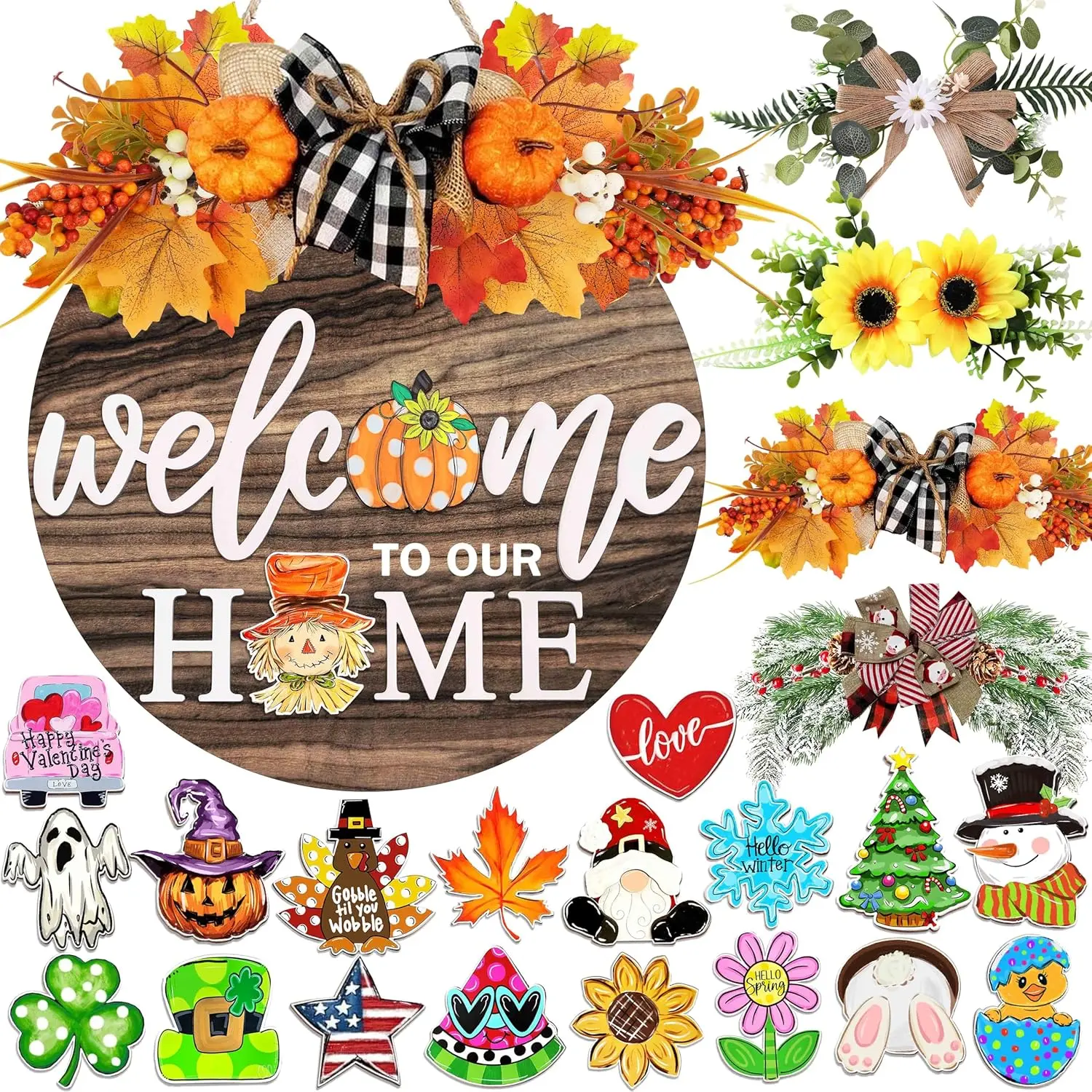 Farmhouse Rustic Interchangeable Front Door Welcome Sign Set - Decorative All Seasons Set with 4 Seasonal Wreaths, 21 Changeable Icons, Christmas Halloween Snowflake Decor for Wall Porch, Housewarming Hostess Gift