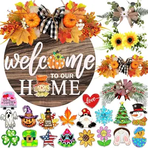Interchangeable Welcome Sign for Front Door with 4 Seasonal Wreaths and 21 Changeable Icons, Farmhouse Rustic Outdoor Welcome Signs Porch, Holiday Spring Summer Winter Fall Decorations for Home Gifts